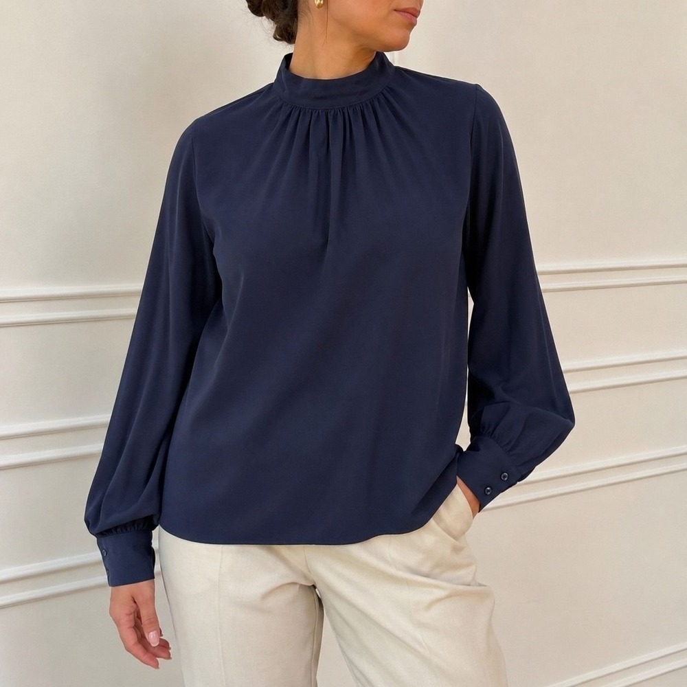 C&A Navy Mock Neck Balloon Sleeve Blouse | Quiet Luxury Minimalist Office Chic